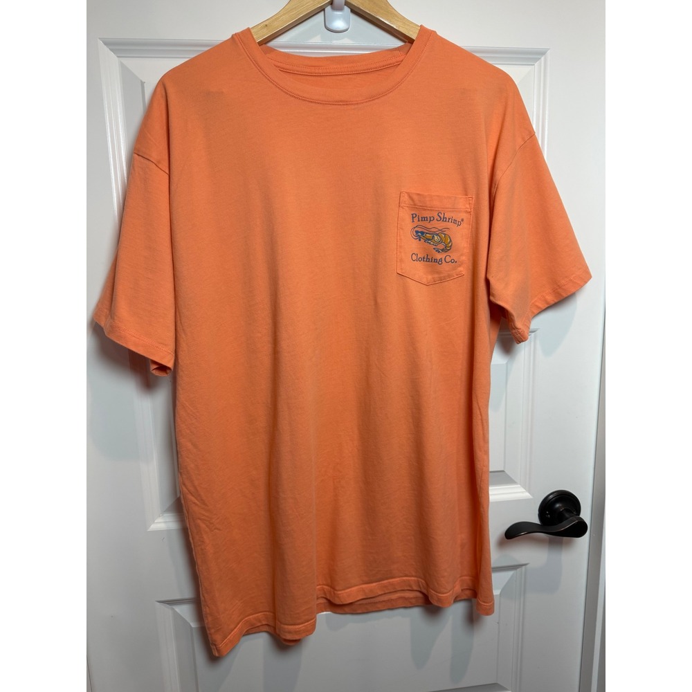 Pimp Shrimp Clothing Co Mens XL Coral Orange Pocket Graphic T-Shirt Cotton